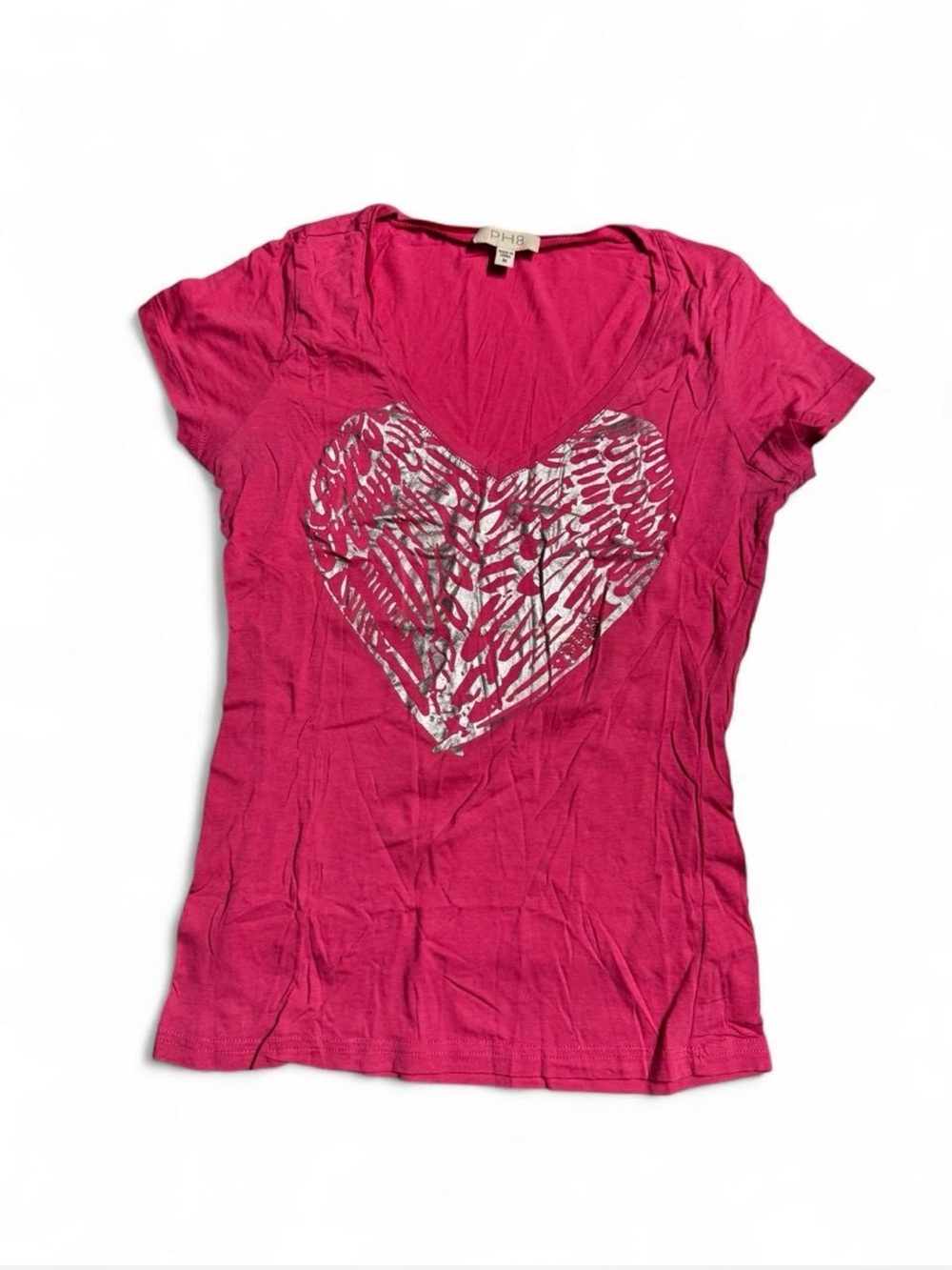 PH8 Bebe sport Bright Pink V-Neck Heart Graphic Tee size M
